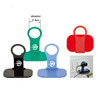 A set of mobile stands in green, blue, black, and red colours, featuring a logo and varying designs.