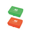 A green and orange three-part lunch box with a logo on the lid. It features a secure closure and compartments.