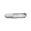 A white measuring scoop with a long handle and a rounded end, designed for measuring dry ingredients.