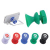 A collection of colourful mobile stands in various colours including red, blue, green, white, and black, with branding.