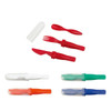 A cutlery set featuring red utensils, including a knife, fork, and spoon, with assorted coloured cases in red, green, blue, and orange.