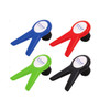 A set of four wine stoppers in blue, red, green, and black, each featuring a logo.