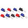 A set of earbuds in cases, featuring red, blue, and black colours, with keychain attachments and branding.