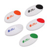A pill box set with five oval containers in white, featuring black, orange, red, and green lids. Each container has a logo.
