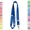 A blue nylon lanyard featuring a clip, with various lanyard colours displayed alongside it.