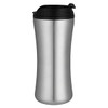 A stainless steel travel mug with a black lid and a sleek, tapered design. Features a logo on the side.