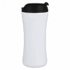 A travel mug with a sleek black lid and a smooth white body, featuring a logo on the surface.