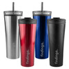 A collection of travel mugs in silver, red, blue, and black, each featuring a clear lid and a logo.