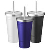 A drink bottle set featuring three tumblers in white, navy blue, and black, each with a stainless steel straw.
