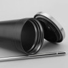 A drink bottle featuring a black body, silver lid, and metal straw, showcasing a sleek design and logo.