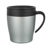 A coffee mug featuring a silver body and a black lid, designed for drinkware use. Includes a handle and a logo.