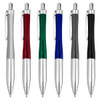 A collection of six metal pens in silver, red, green, blue, grey, and black, each featuring a shiny chrome clip.