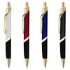 A set of four metal pens in white, burgundy, blue, and black, featuring gold accents and a logo.