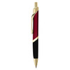 A metal pen in black, red, and gold with a sleek design and a branding logo.