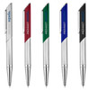 A collection of metal pens in silver, red, green, blue, and black, each featuring a logo.
