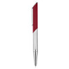 A metal pen featuring a red and silver design, with a sleek body and clip. It has a branding logo.