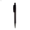 A plastic pen in black with a sleek design and a clip, featuring a metallic tip and a branding logo.