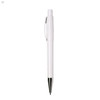 A white plastic pen with a silver clip and tip, featuring a simple, sleek design and a logo.