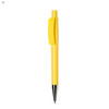 A yellow plastic pen with a click mechanism and a shiny silver tip. It has a simple design and a logo on the barrel.