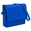 A blue non-woven flap satchel bag with black trim and an adjustable shoulder strap. It features a front flap and logo.
