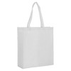 A large, white non-woven reusable grocery bag with a gusset and long handles. It features a logo.
