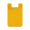 A yellow mobile phone wallet featuring a curved design and a slot for holding cards.