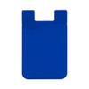 A blue mobile phone wallet with a curved design and a slot for cards. It has a logo on the front.