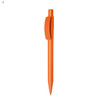 An orange plastic pen with a clip. The pen features a sleek design and a black writing tip.