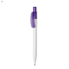 A white plastic pen with a purple clip and cap, featuring a logo on the barrel.