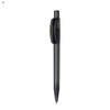 A plastic pen in a sleek black design with a clip and a branded logo on the side.