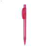 A pink plastic pen with a transparent body and a clip, featuring a branded logo.