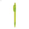 A bright green plastic pen with a transparent barrel and a clip, featuring a branding logo.