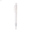 A plastic pen featuring a clear body with a transparent cap and a silver nib. It has branding on the barrel.