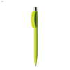 A plastic pen in vibrant lime green with a silver clip and tip, featuring a logo.