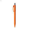 An orange plastic pen with a silver clip and tip, featuring a logo on the barrel.