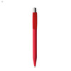A red plastic pen with a shiny silver tip and a logo on the barrel.