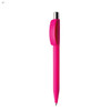 A pink plastic pen with a silver clip and a sleek design, featuring a logo on the body.