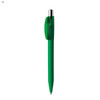 A green plastic pen with a transparent grip and a silver tip, featuring a logo on the barrel.
