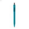 A teal plastic pen with a clear grip and a silver clip, featuring a logo on the body.