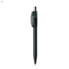 A plastic pen in dark grey with a transparent clip and silver accents. It features a logo on the barrel.