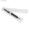 A clear plastic case containing a sleek black pen with silver accents, showcasing a modern design.