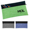 A green pencil case with a black zipper, containing pens and pencils, accompanied by grey and blue versions below.