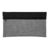 A pencil case featuring a textured grey body and a black zip closure, with a discreet logo.