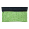 A green and black pencil case with a zip closure, featuring a textured design. It has a logo on the front.