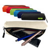 A canvas tube pencil case in various colours, featuring pens, a ruler, and a branding logo.