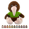 A brown Kiwi Plush toy with a large beak, wearing a green shirt, seated against a white background. Features a branding logo.