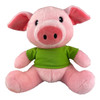 A pink plush pig with a green shirt, featuring large eyes and soft ears, sitting upright.