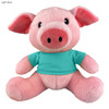 A pink pig plush toy wearing a light blue shirt, featuring big ears and a friendly face. It has a branded tag.