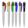 A set of plastic pens in red, orange, green, purple, blue, and black with transparent clips. Each pen has a logo.