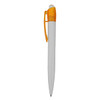A plastic pen with a white barrel and an orange clip, featuring a logo on the surface.